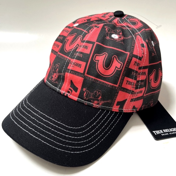 NWT Original TRUE RELIGION Baseball Cap Red Black Stitched Horseshoe Buddha
